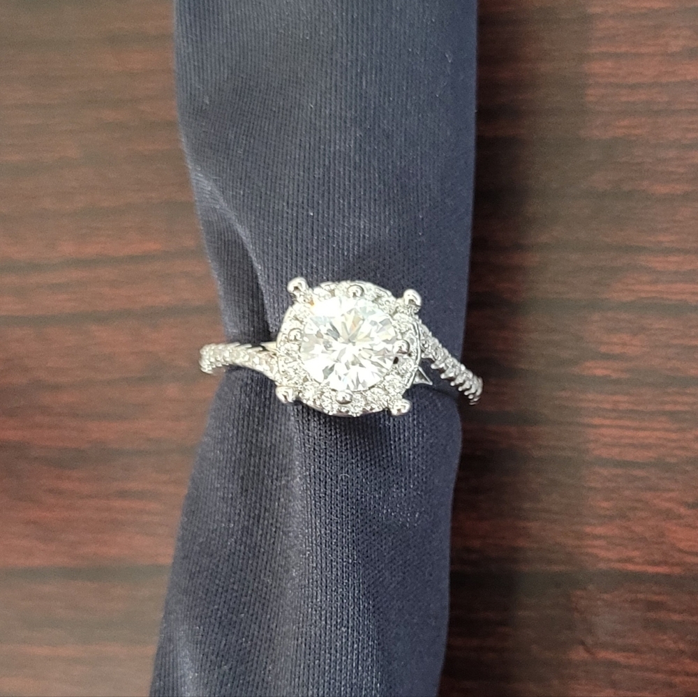 White Gold Plated Halo Solitaire Moissanite Engagement Ring with Pavé Band
